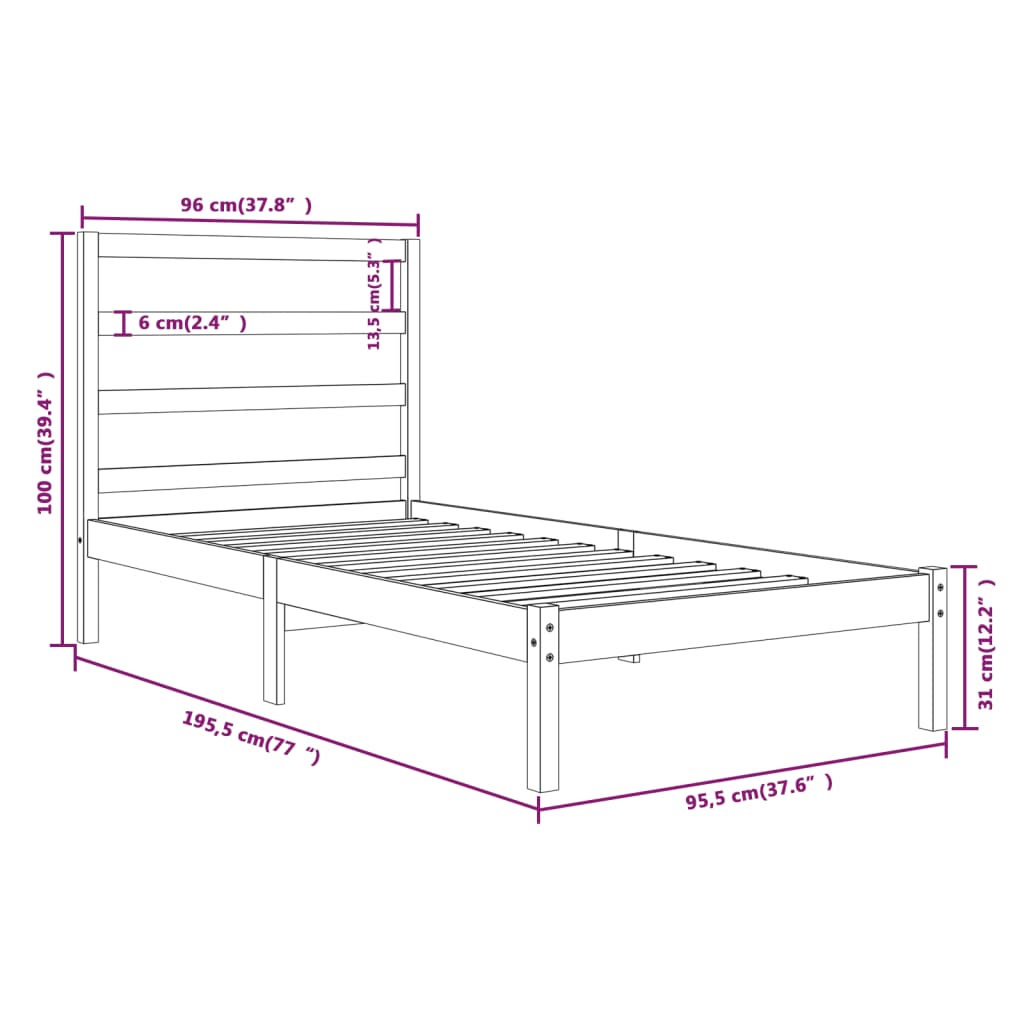 Estrutura de cama solteiro 90x190 cm madeira maciça branco