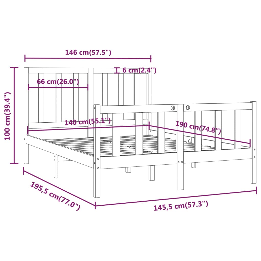 Estrutura de cama 140x190 cm madeira maciça cinzento