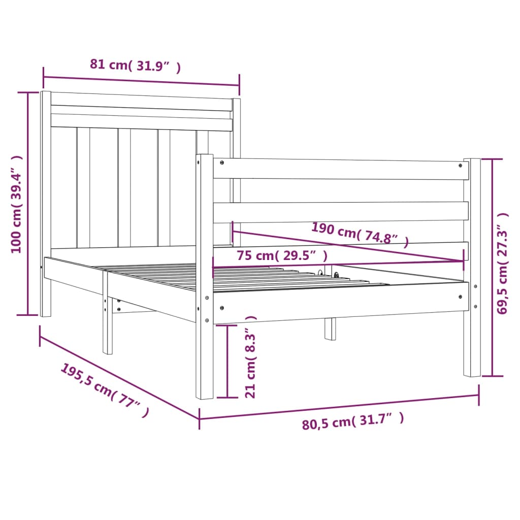 Estrutura de cama pequena solteiro 75x190 cm madeira maciça