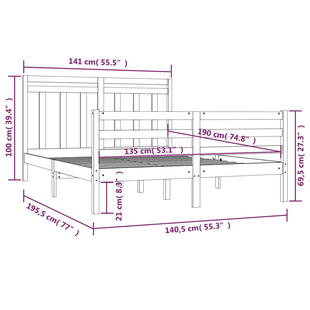 Estrutura de cama dupla 135x190 cm madeira maciça