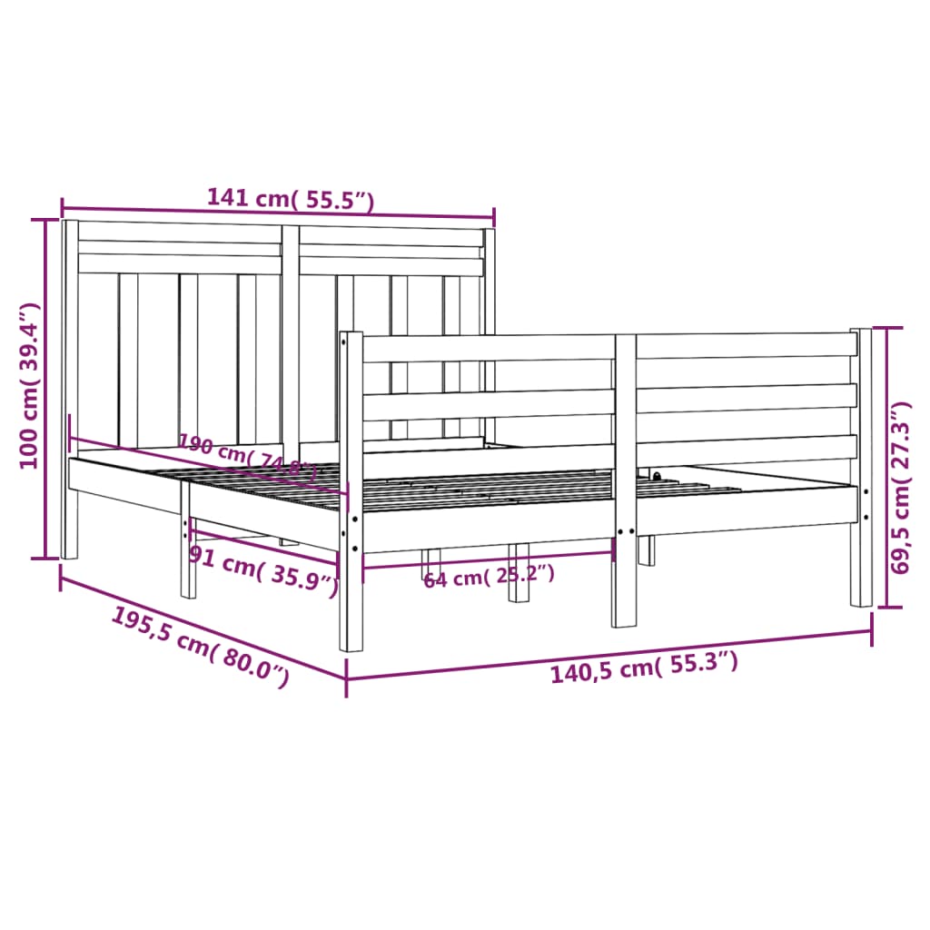 Estrutura de cama casal 135x190 cm madeira maciça branco