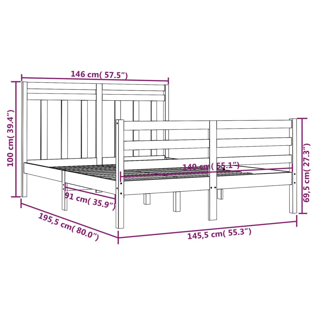 Estrutura de cama 140x190 cm madeira maciça cinzento