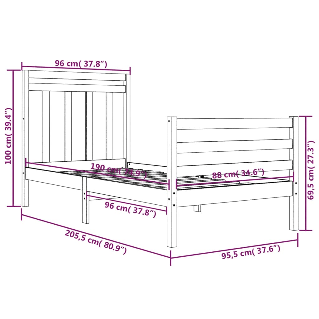 Estrutura de cama 90x200 cm madeira maciça