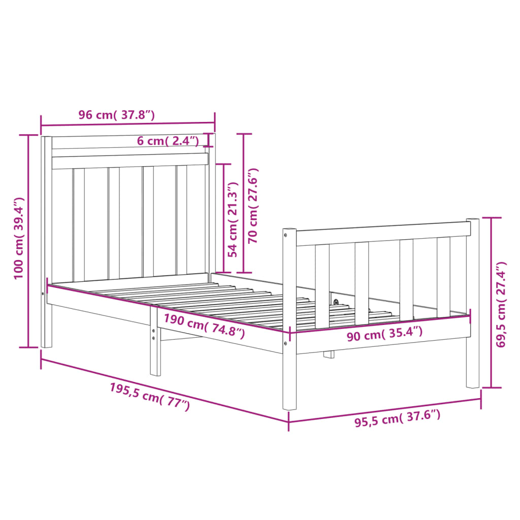 Estrutura de cama solteiro 90x190 cm madeira maciça