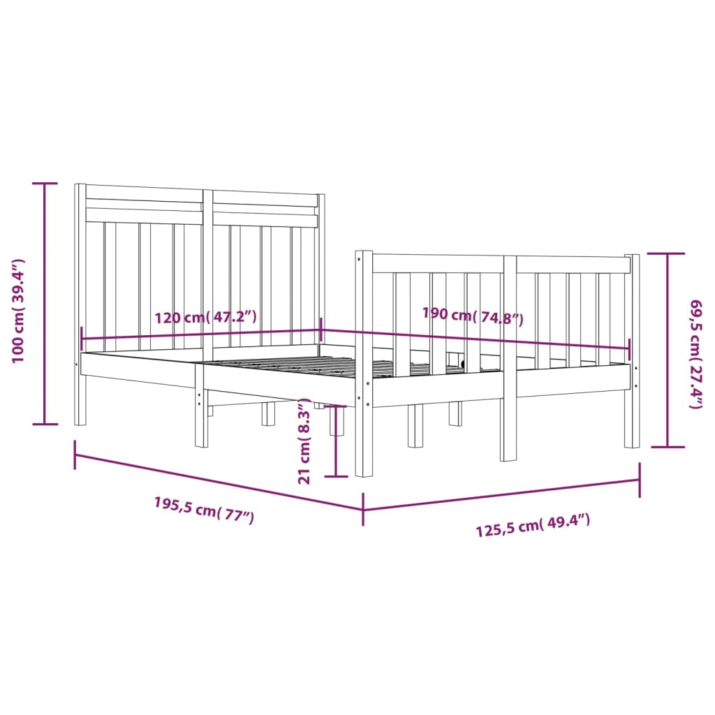 Estrutura de cama dupla pequena 4FT 120x190 cm madeira maciça