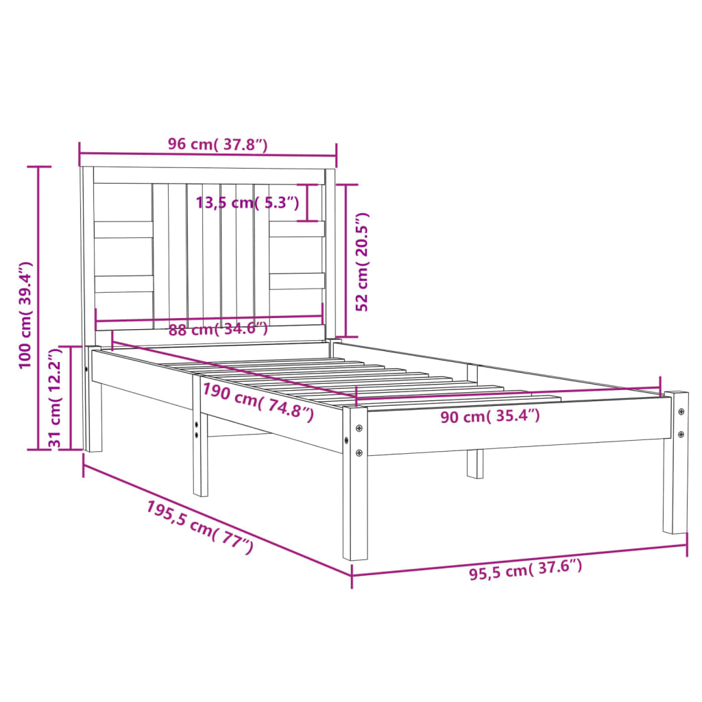 Estrutura de cama solteiro 90x190 cm madeira maciça preto