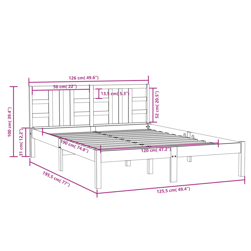 Estrutura de cama dupla pequena 4FT 120x190 cm madeira maciça