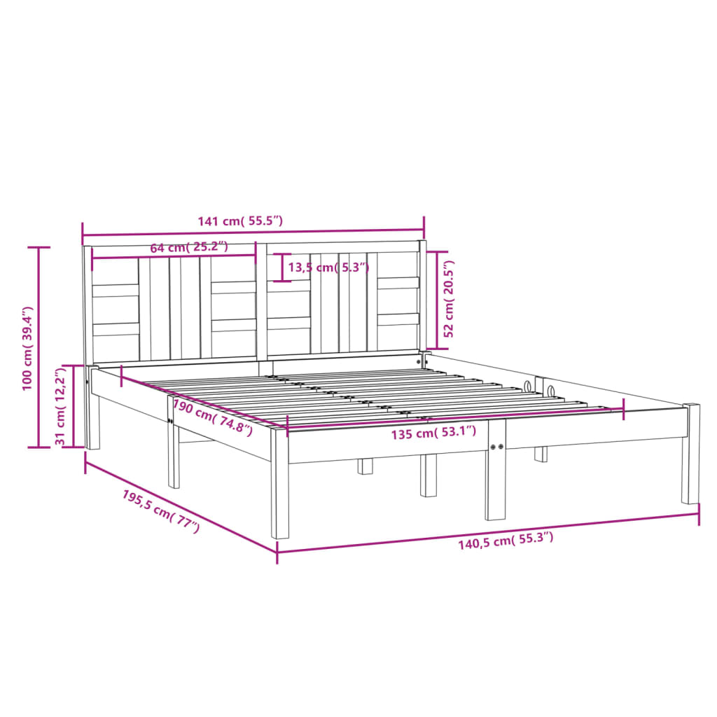 Estrutura de cama casal 135x190 cm madeira maciça branco