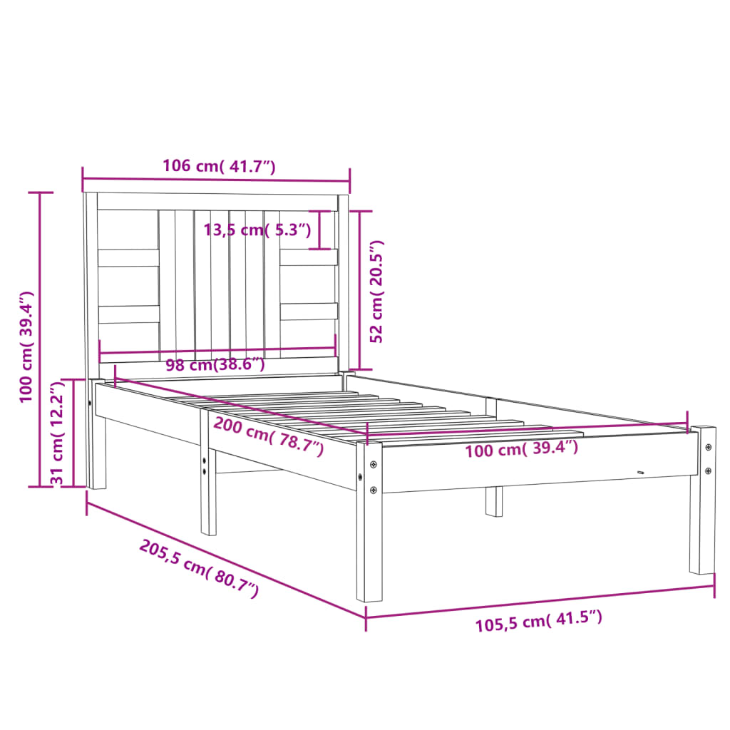 Estrutura de cama 100x200 cm madeira maciça branco