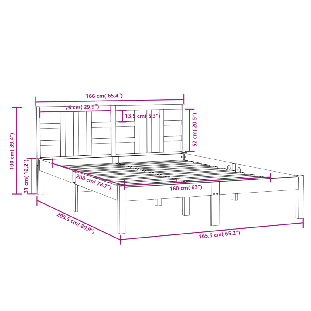 Estrutura de cama 160x200 cm pinho maciço preto