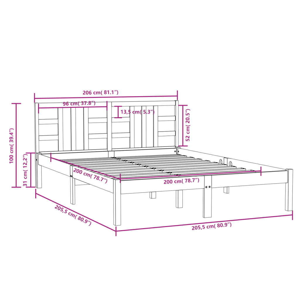 Estrutura de cama 200x200 cm madeira maciça