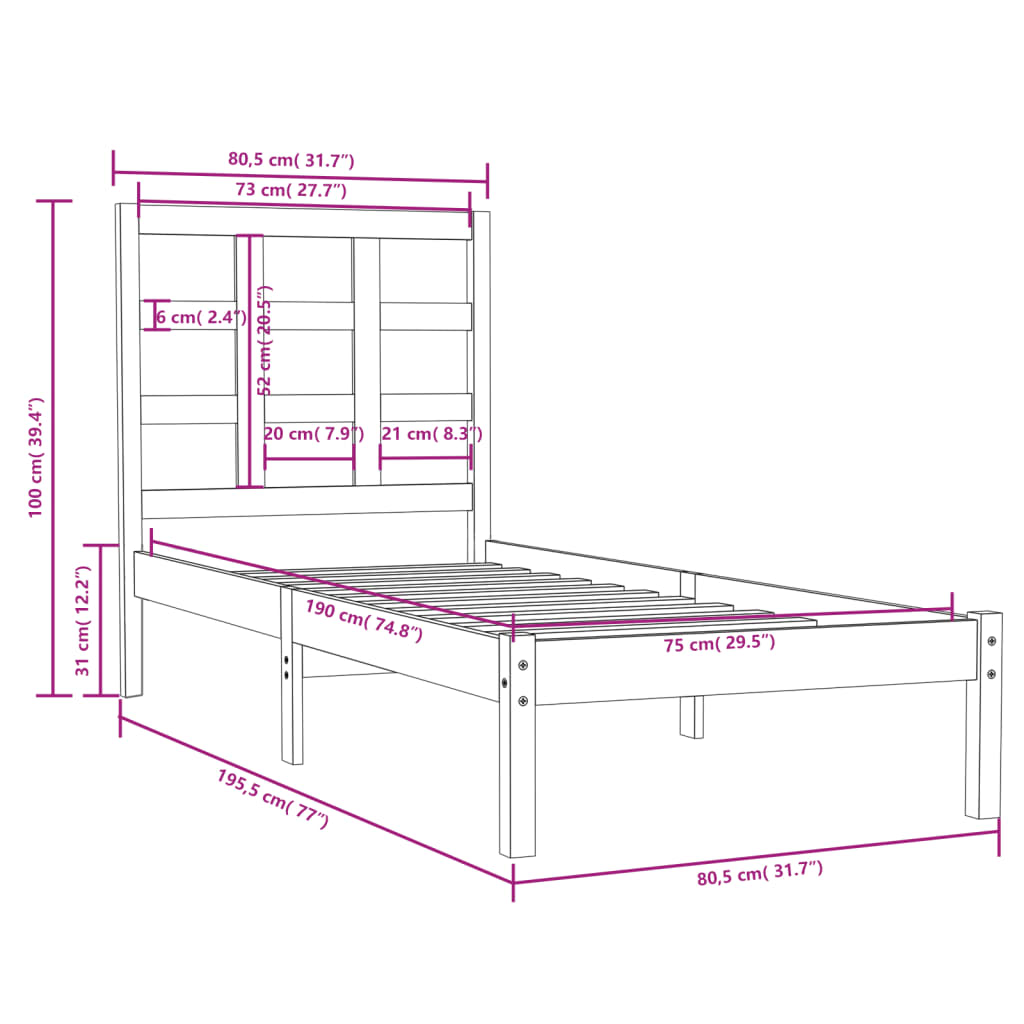 Estrutura de cama pequena solteiro 75x190 cm madeira maciça