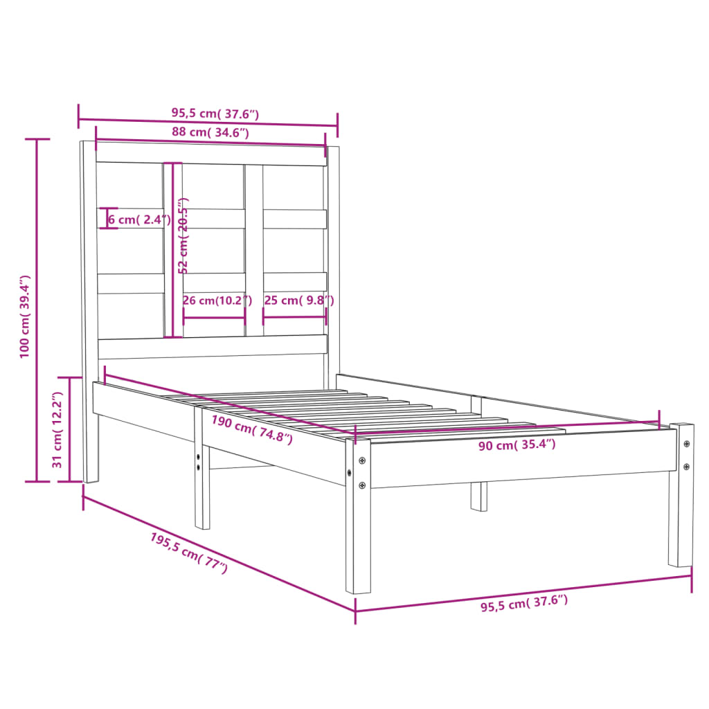 Estrutura de cama solteiro 90x190 cm madeira maciça