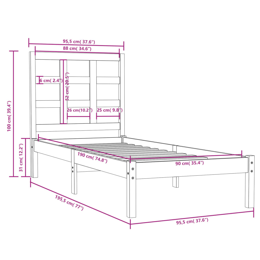 Estrutura de cama solteiro 90x190 cm madeira maciça branco