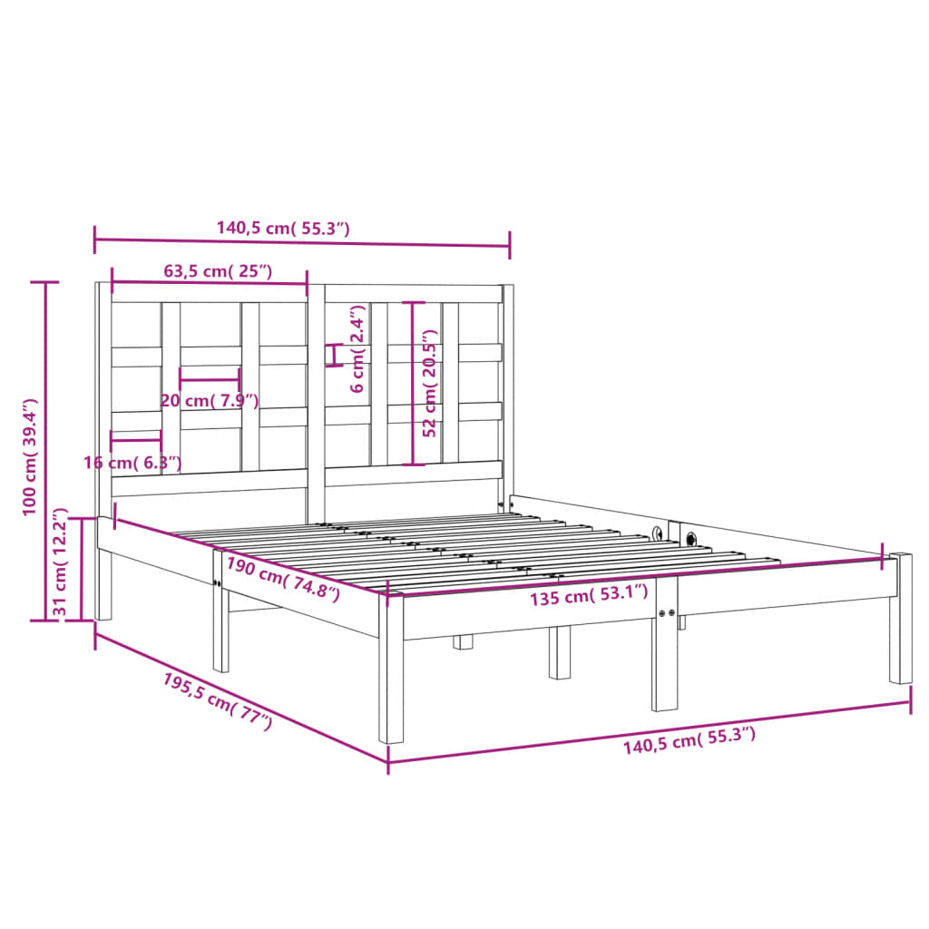 Estrutura de cama casal 135x190 cm madeira maciça preto