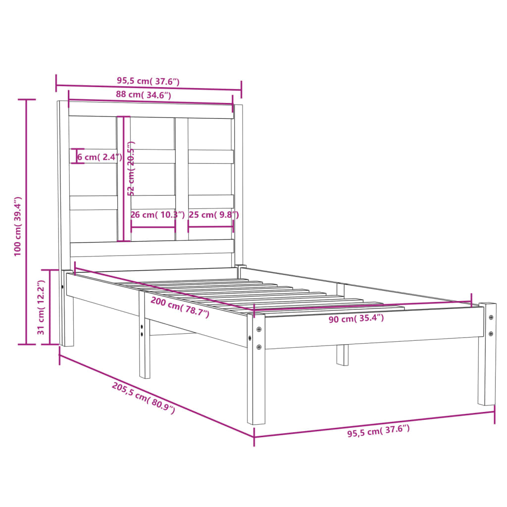 Estrutura de cama 90x200 cm madeira maciça branco