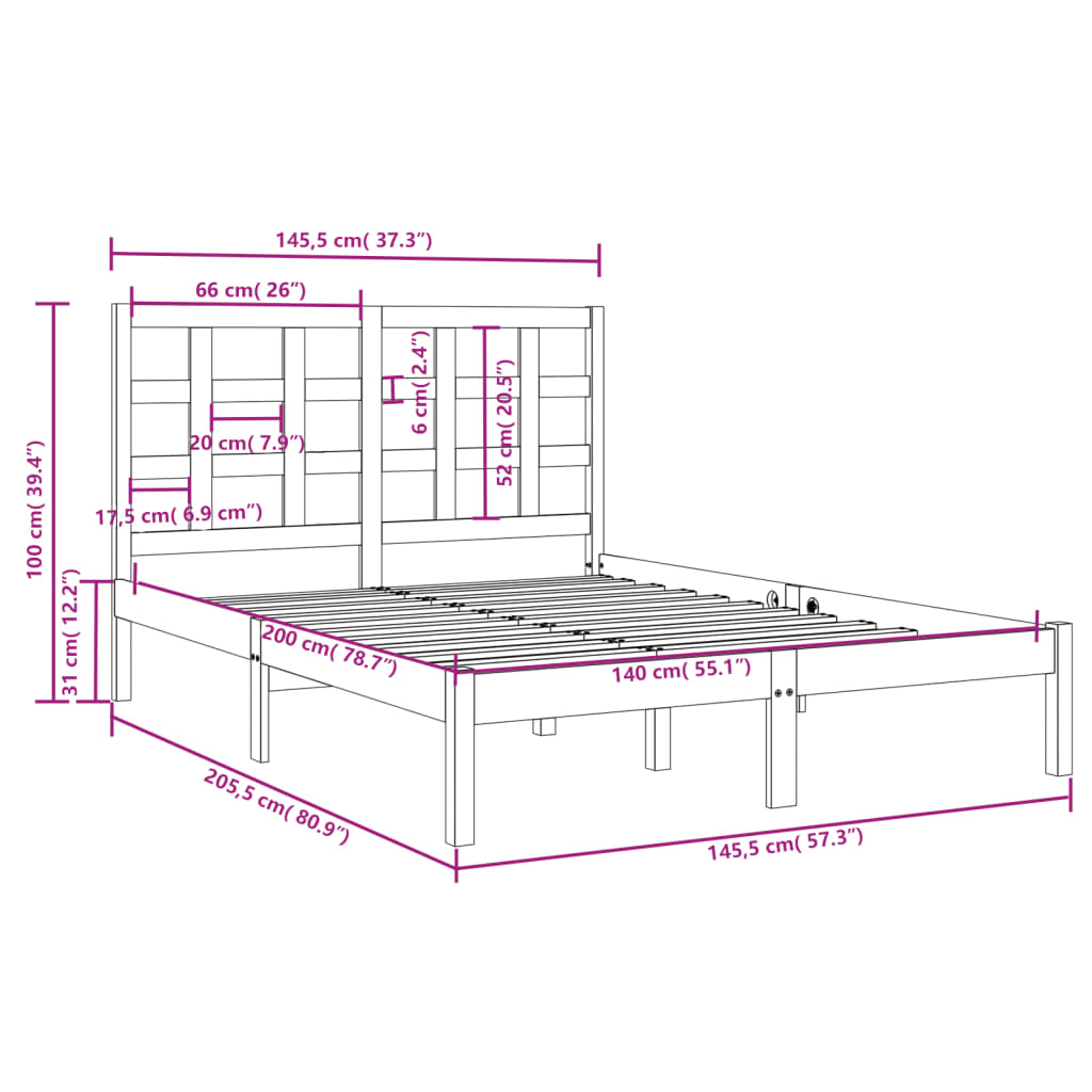 Estrutura de cama 140x200 cm madeira maciça branco