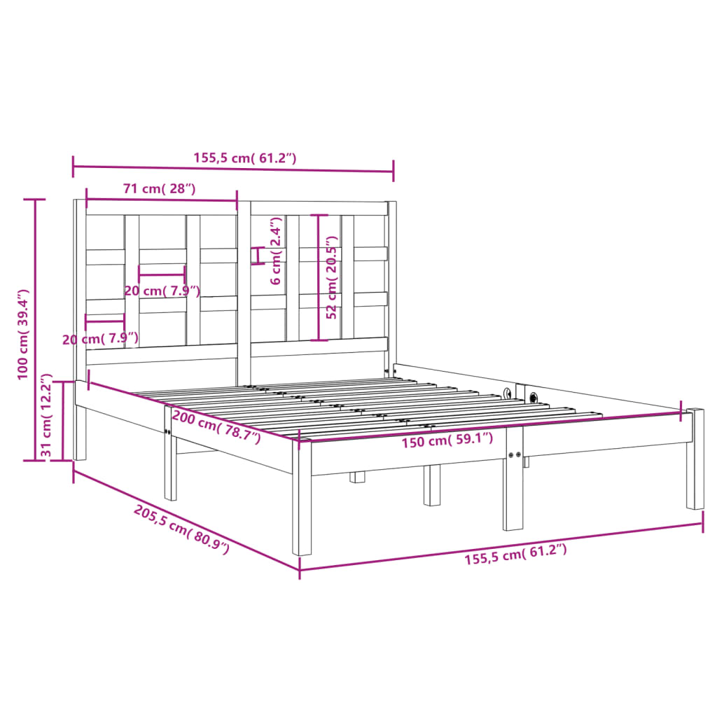 Estrutura de cama king 150x200 cm madeira maciça branco