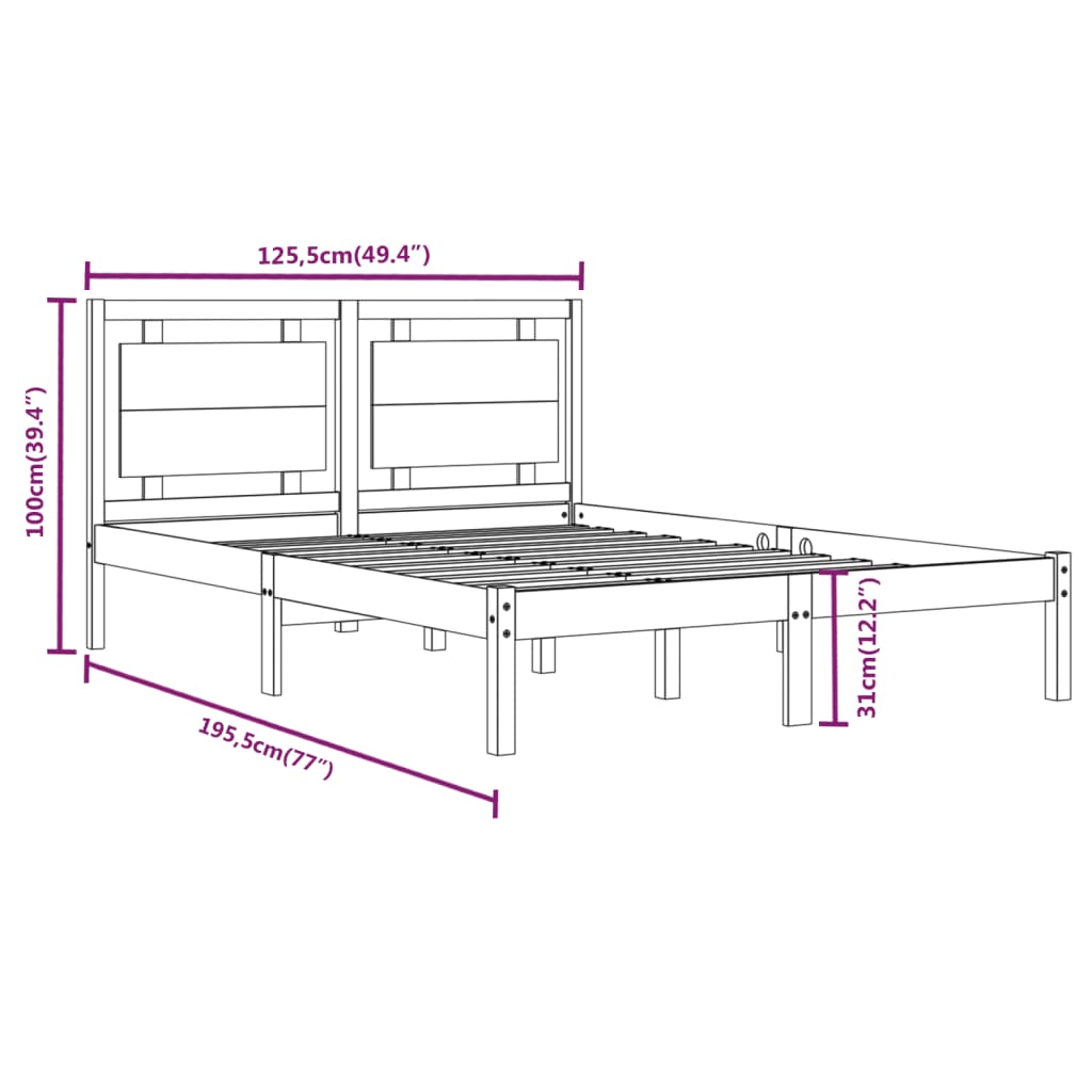 Estrutura de cama dupla pequena 4FT 120x190 cm madeira maciça