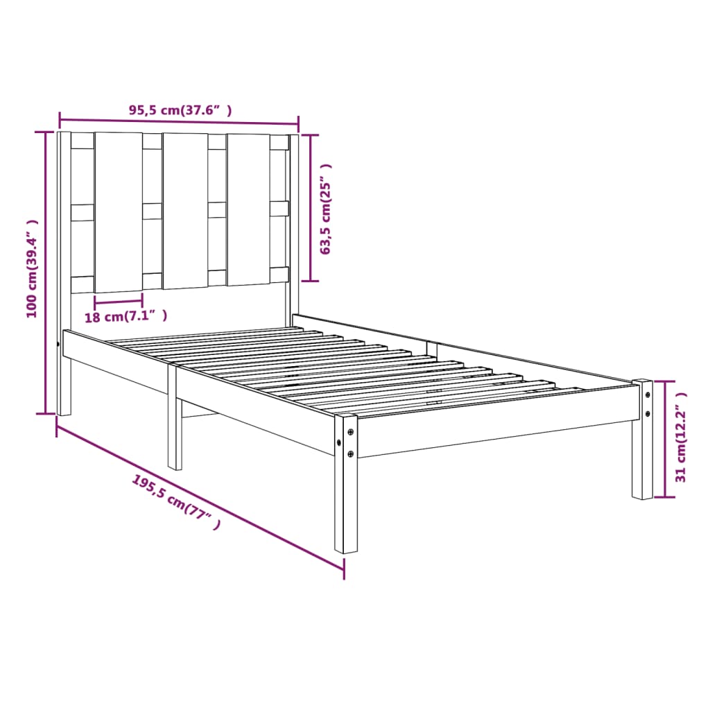 Estrutura de cama solteiro 90x190 cm madeira maciça branco