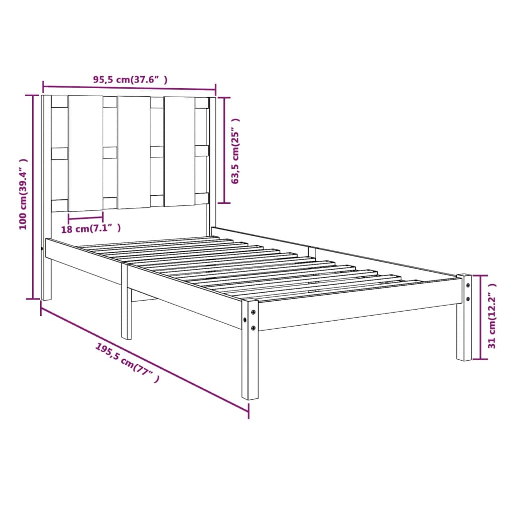 Estrutura de cama solteiro 90x190 cm madeira maciça preto