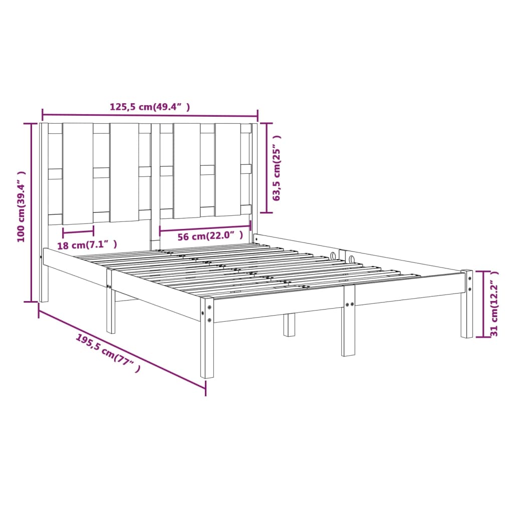 Estrutura de cama dupla pequena 4FT 120x190 cm madeira maciça