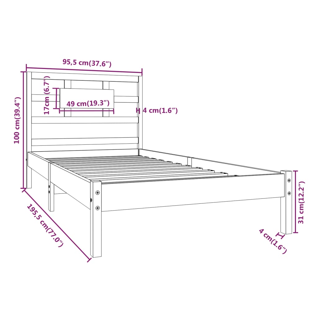 Estrutura de cama solteiro 90x190 cm madeira maciça preto