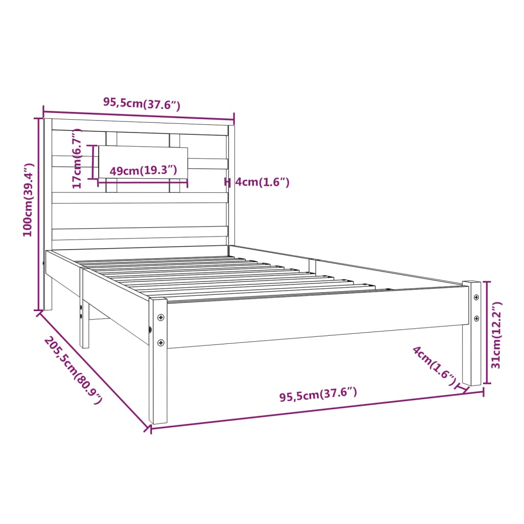 Estrutura de cama 90x200 cm madeira maciça