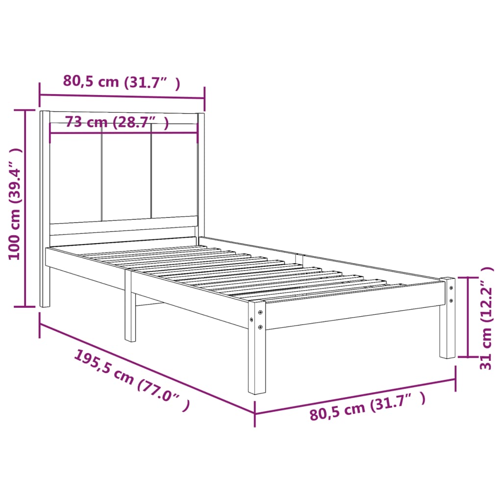 Estrutura de cama pequena solteiro 2FT6 75x190 cm pinho maciço