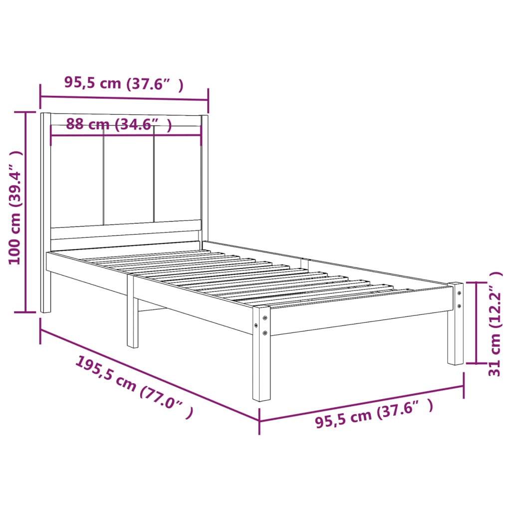 Estrutura de cama solteiro 90x190 cm pinho maciço preto