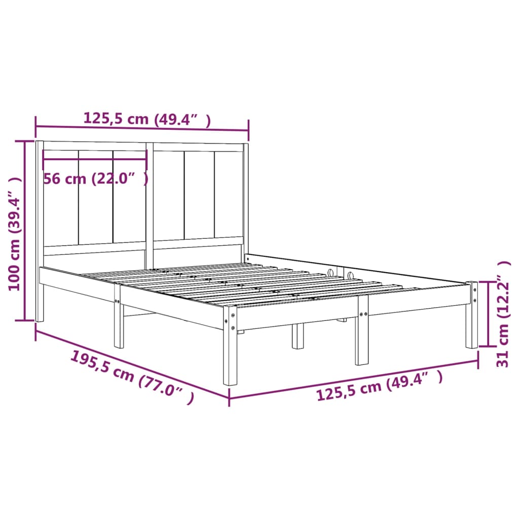 Estrutura de cama dupla pequena 4FT 120x190 cm pinho maciço