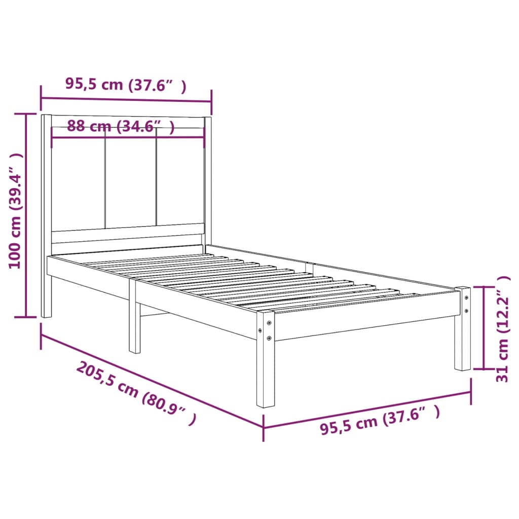 Estrutura de cama 90x200 cm pinho maciço branco