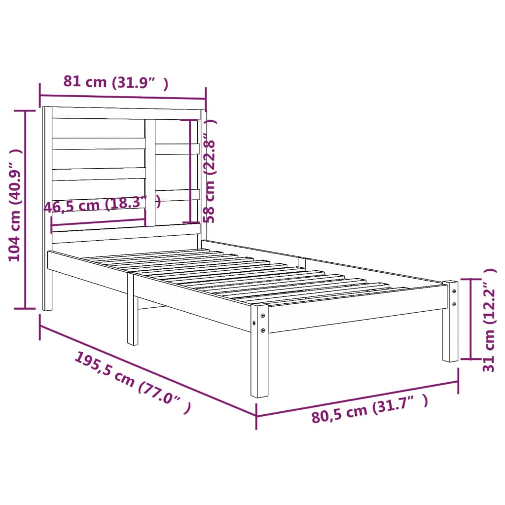 Estrutura de cama pequena solteiro 75x190 cm madeira maciça