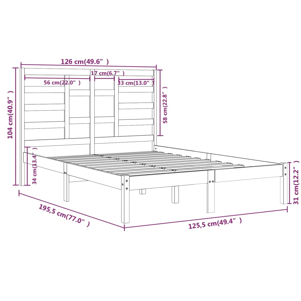 Estrutura de cama dupla pequena 120x190 cm madeira maciça