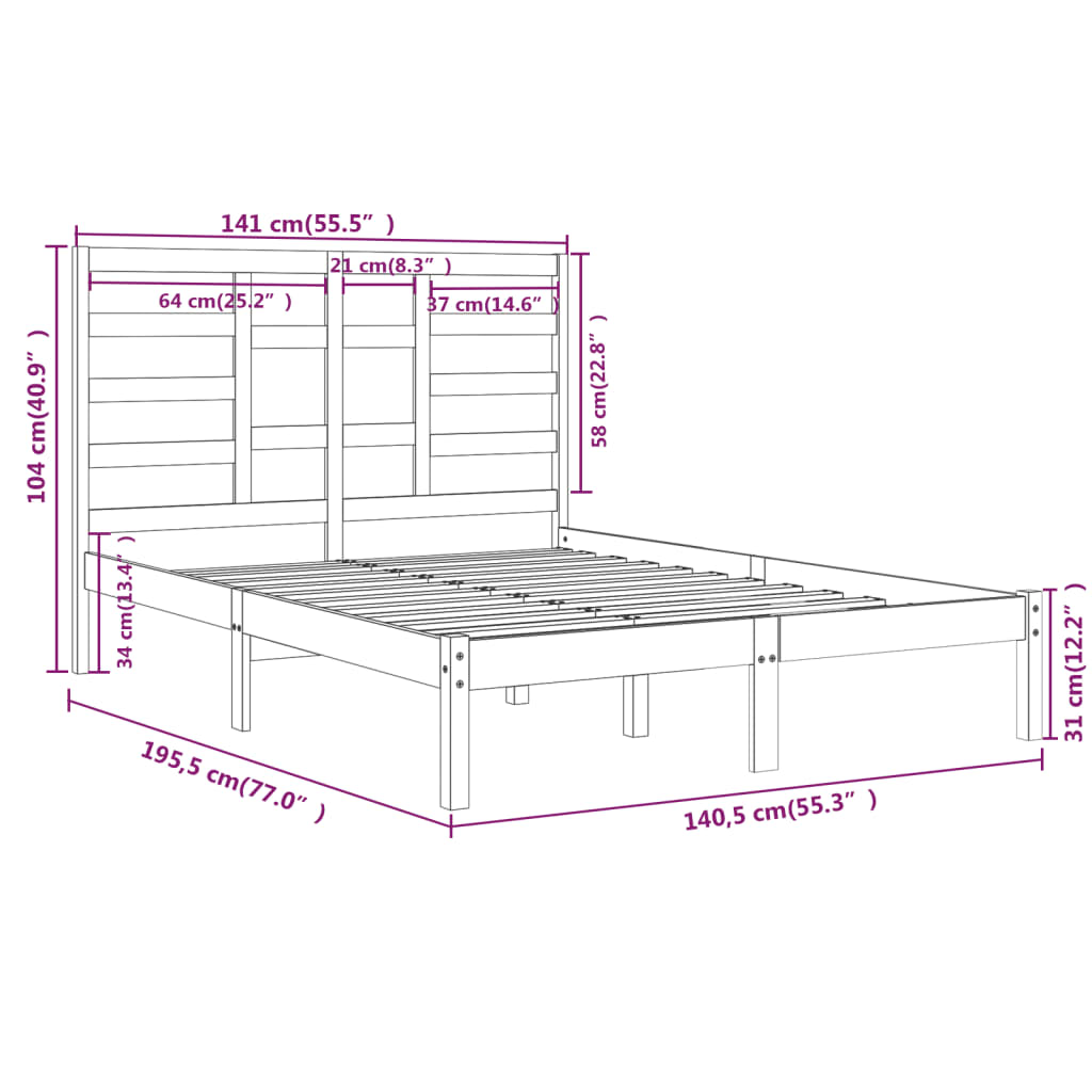 Estrutura de cama dupla 135x190 cm madeira maciça