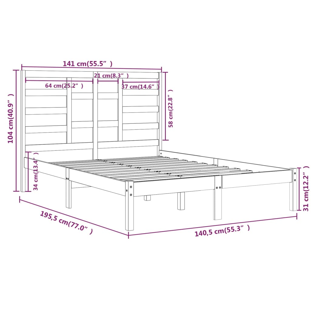 Estrutura de cama casal 135x190 cm madeira maciça cinzento