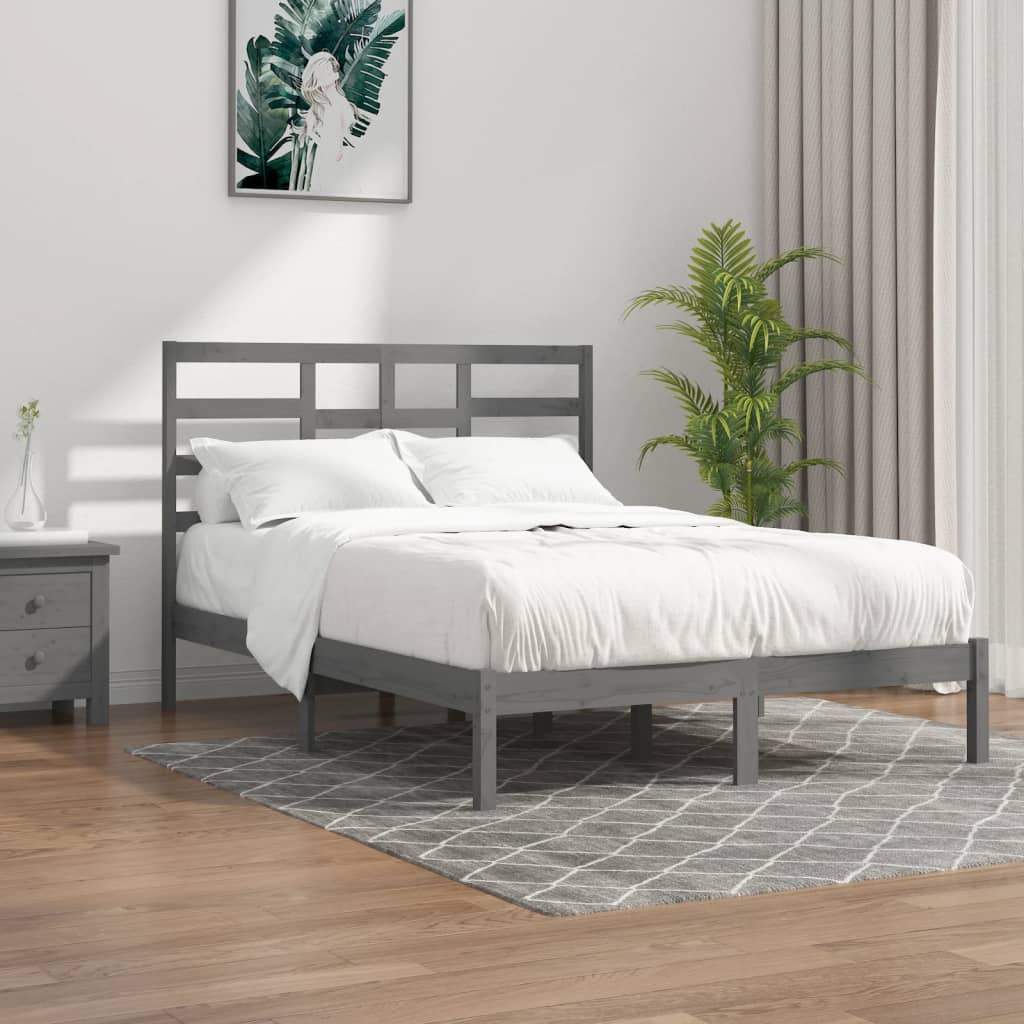 Estrutura de cama casal 135x190 cm madeira maciça cinzento