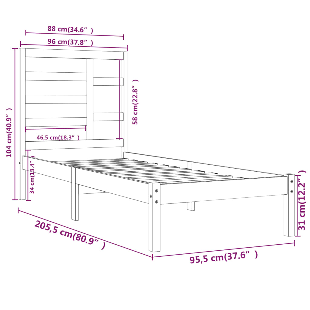 Estrutura de cama 90x200 cm madeira maciça