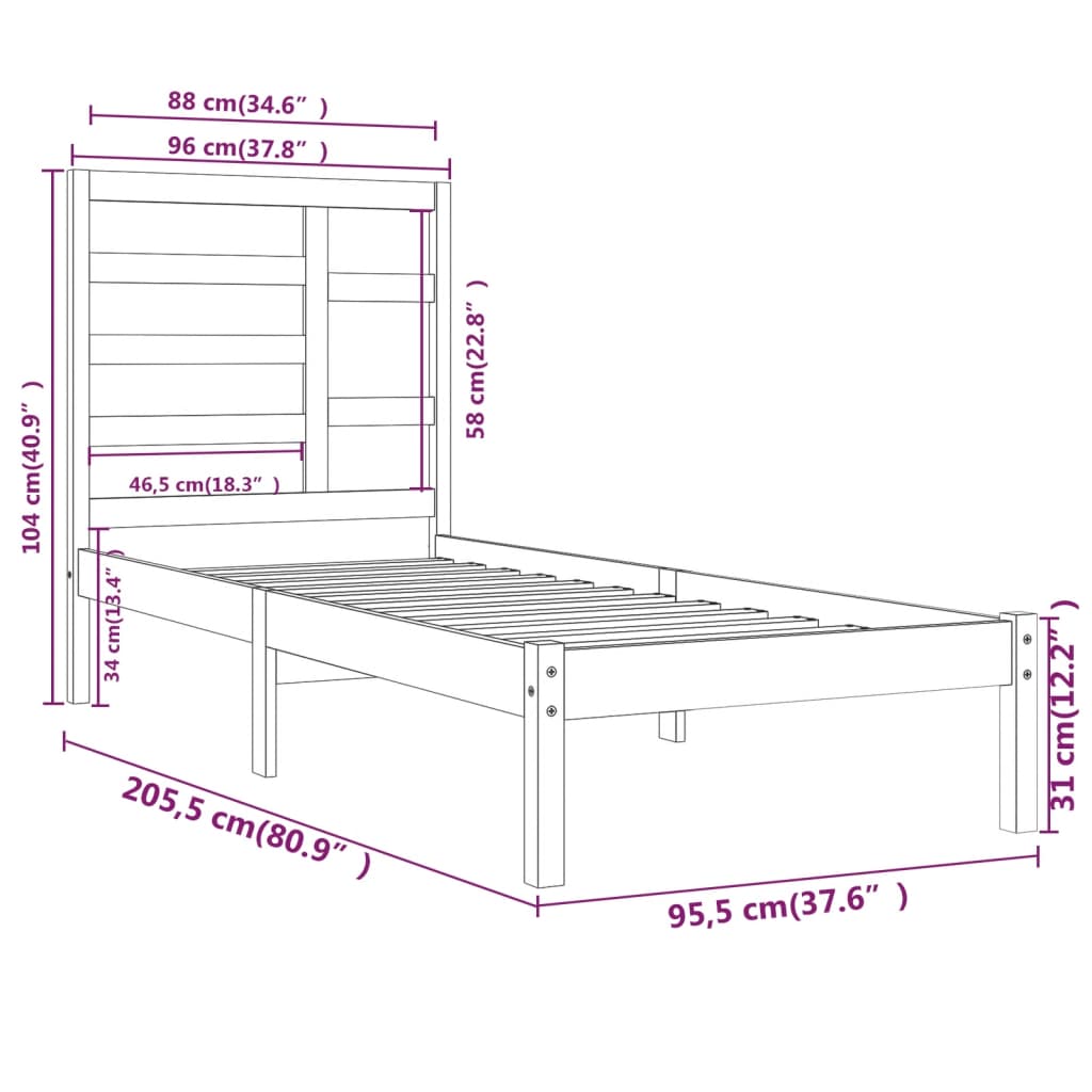 Estrutura de cama 90x200 cm madeira maciça branco