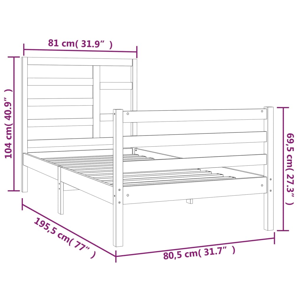 Estrutura de cama pequena solteiro 75x190 cm madeira maciça