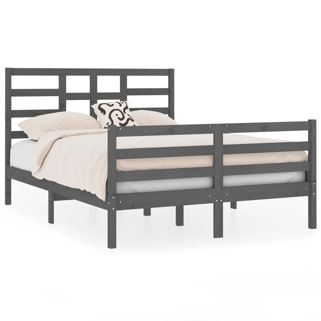 Estrutura de cama casal 135x190 cm madeira maciça cinzento