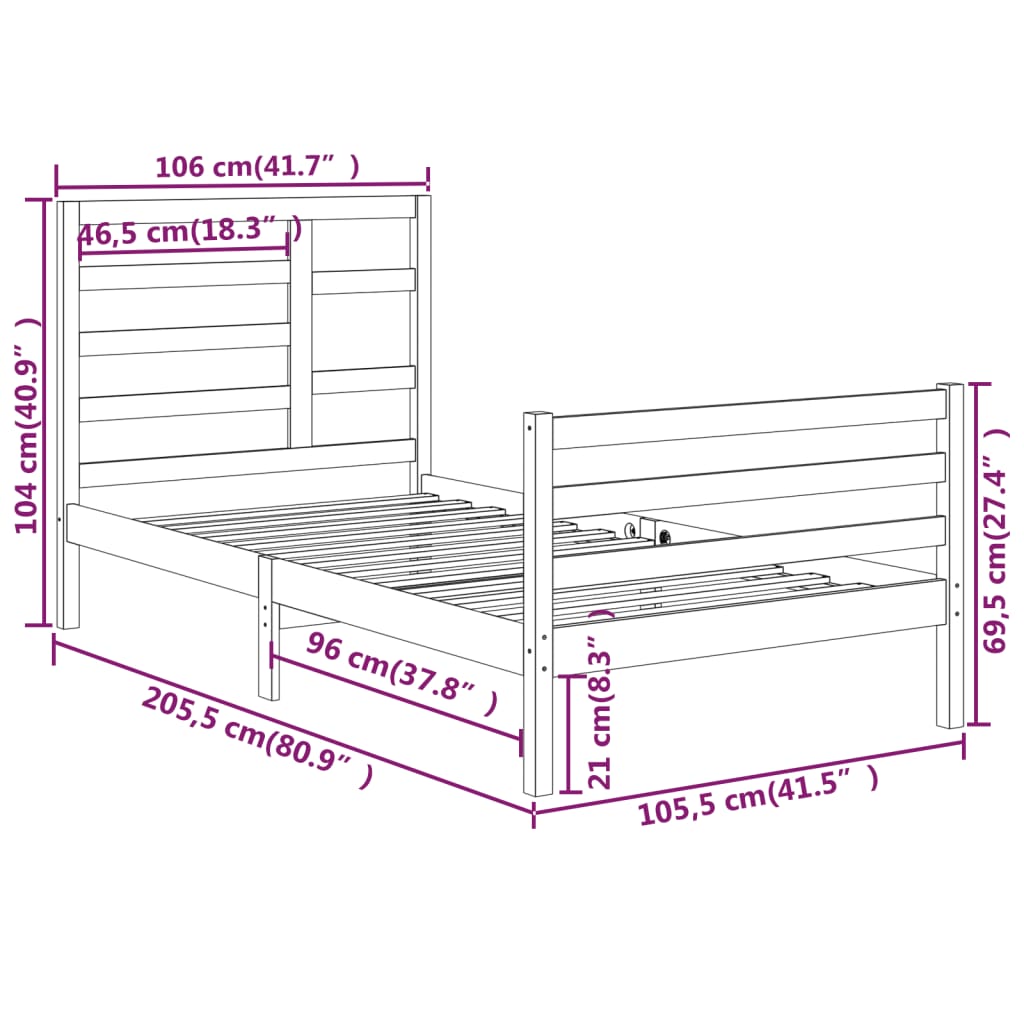 Estrutura de cama 100x200 cm madeira maciça branco