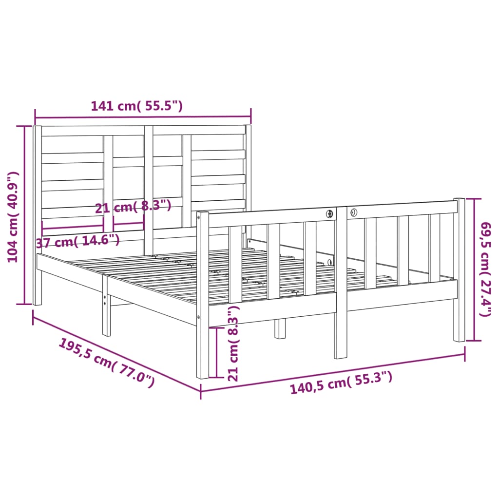 Estrutura de cama dupla 4FT6 135x190 cm madeira maciça