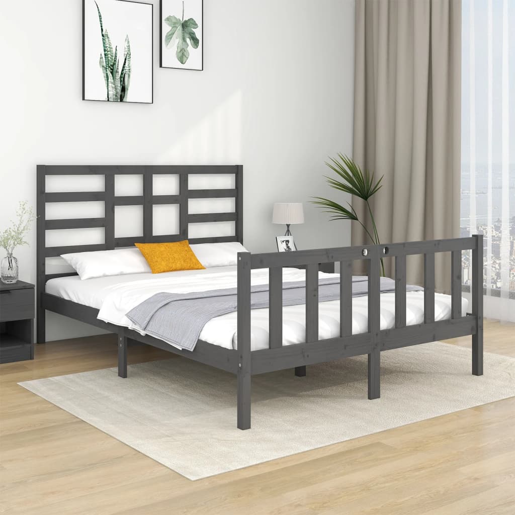 Estrutura de cama casal 135x190 cm madeira maciça cinzento