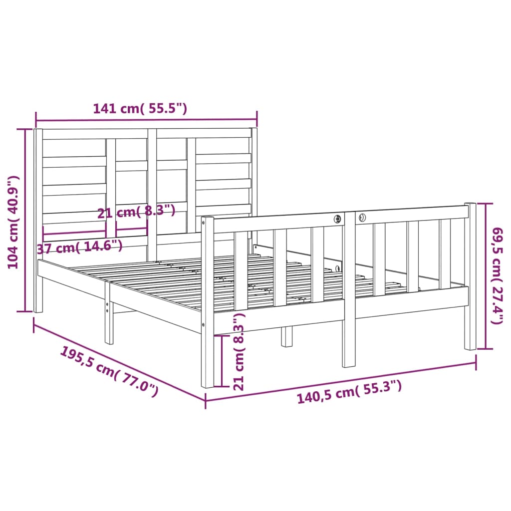 Estrutura de cama casal 135x190 cm madeira maciça preto