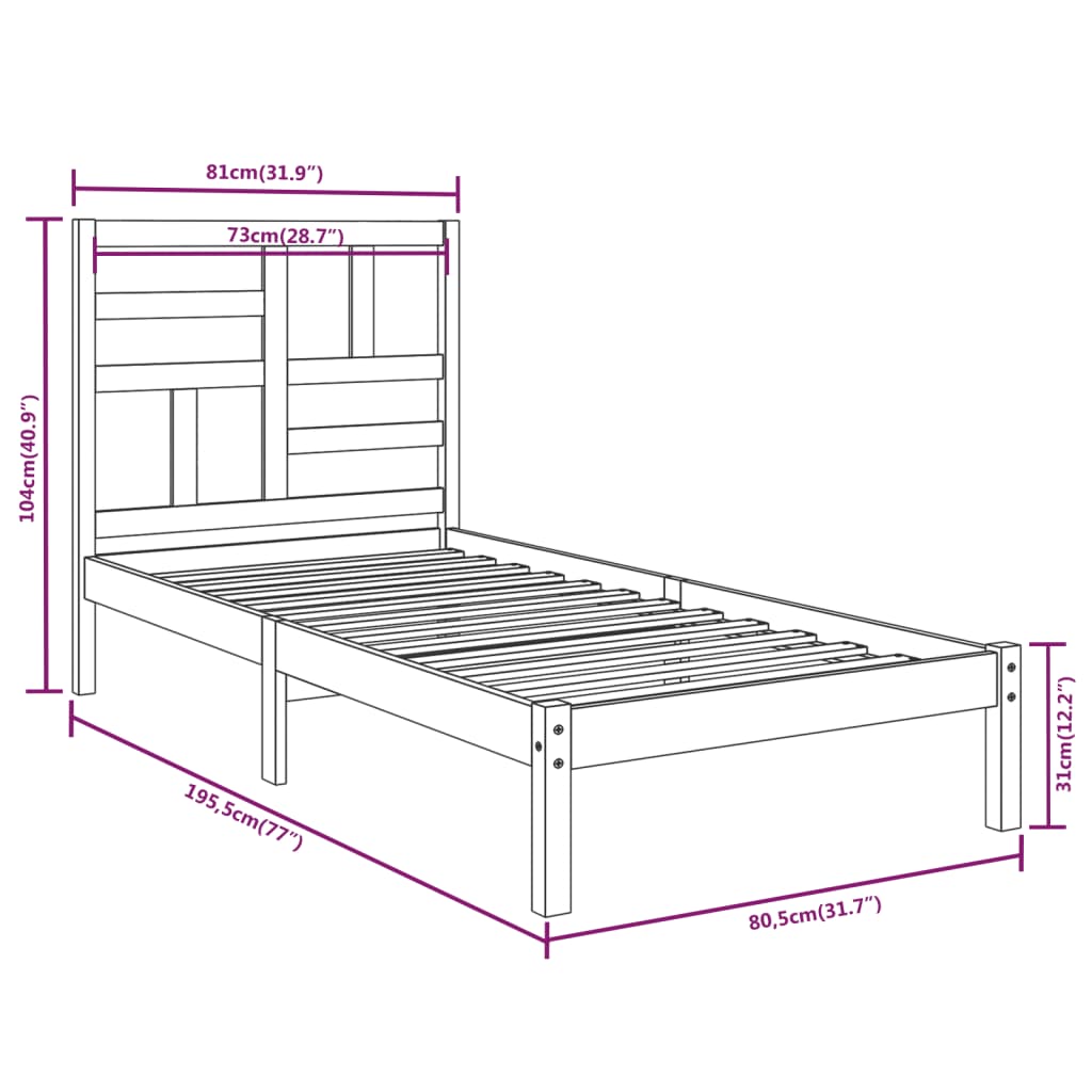 Estrutura de cama pequena solteiro 75x190 cm madeira maciça