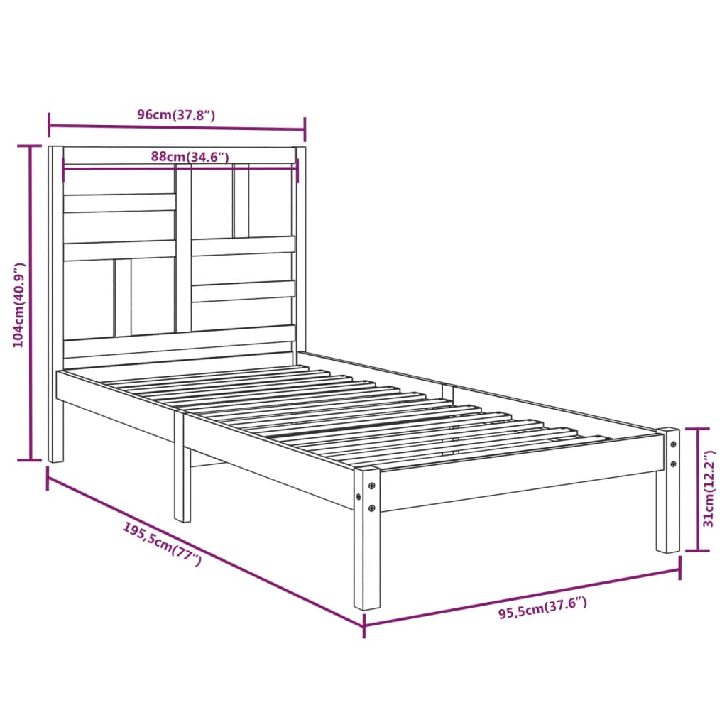 Estrutura de cama solteiro 90x190 cm madeira maciça branco