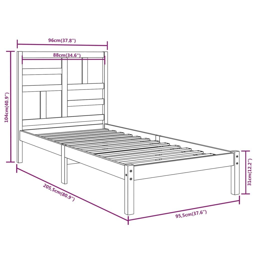 Estrutura de cama 90x200 cm madeira maciça