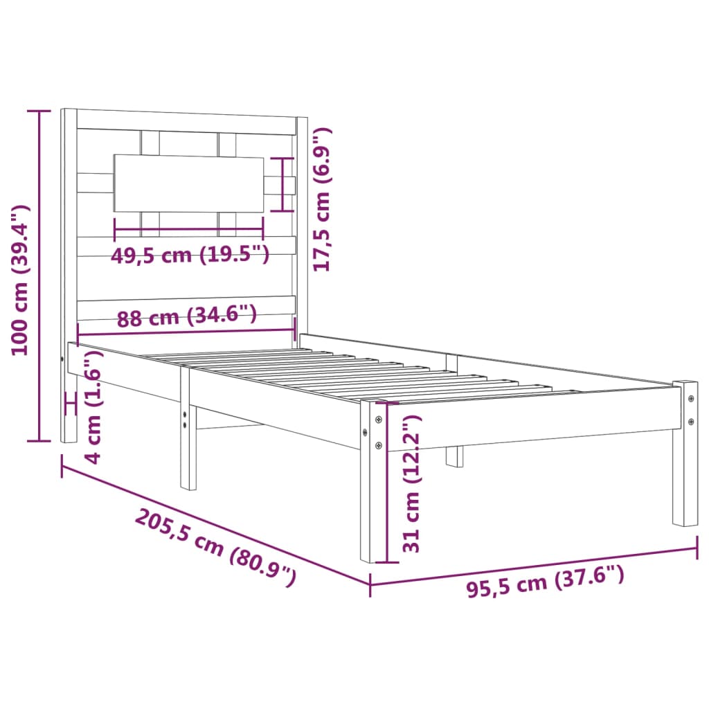 Estrutura de cama 90 x 200 cm pinho maciço