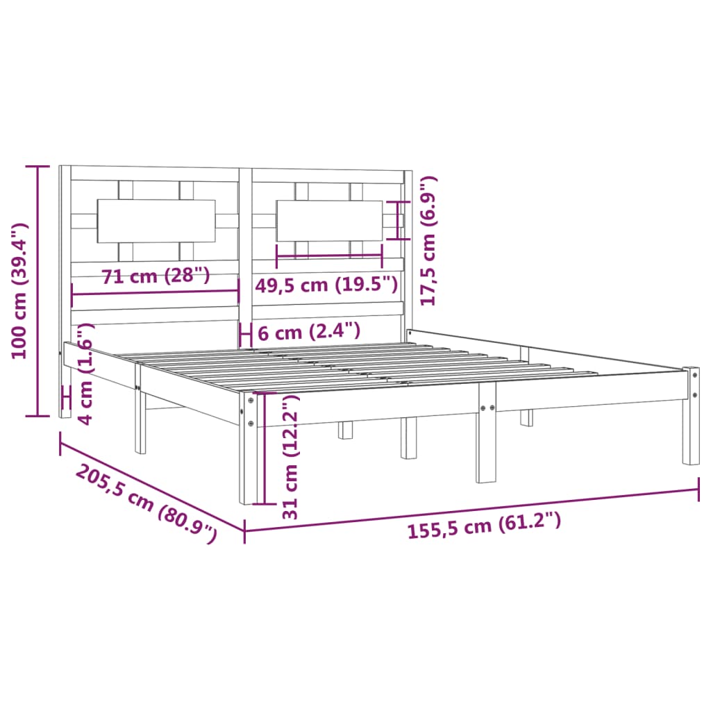 Estrutura de cama king 150x200 cm pinho maciço